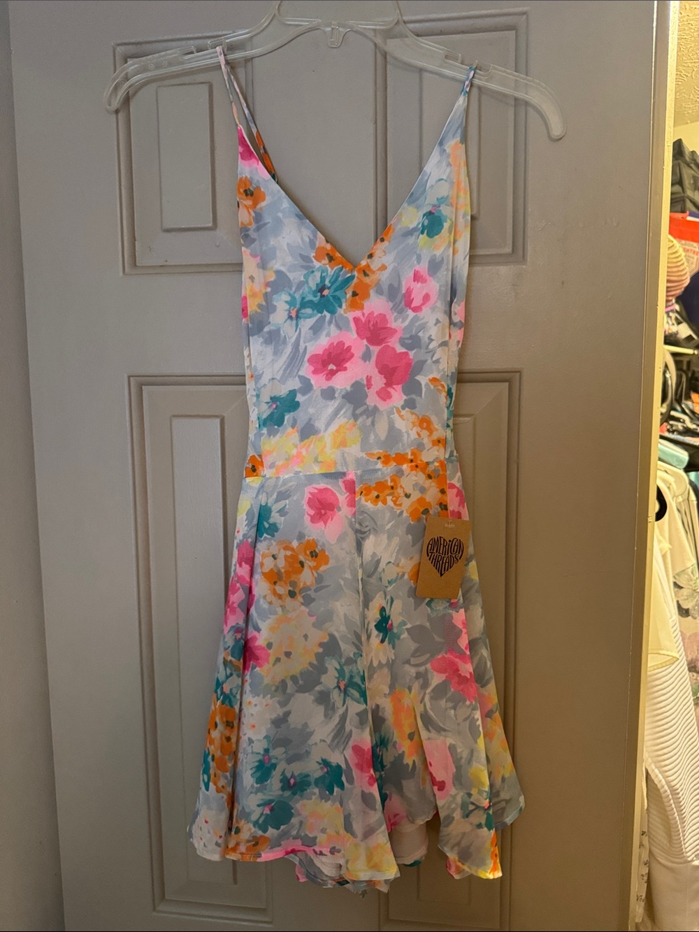 Floral V-Neck Spaghetti Strap Romper in Pink, Teal & Orange
